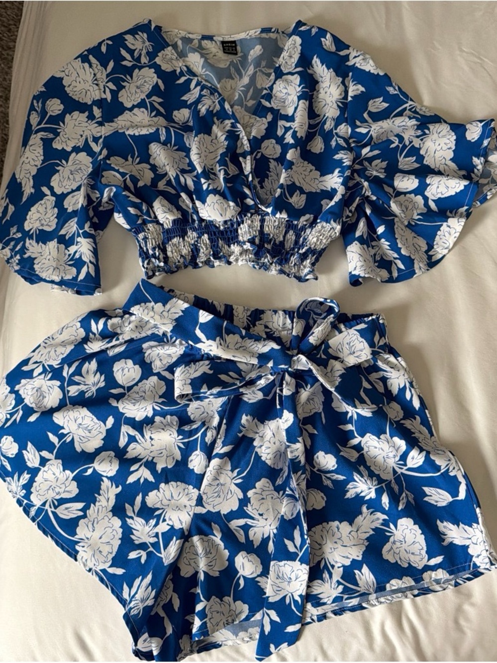 SHEIN Blue & White Floral Crop Top and Bow Skort Set